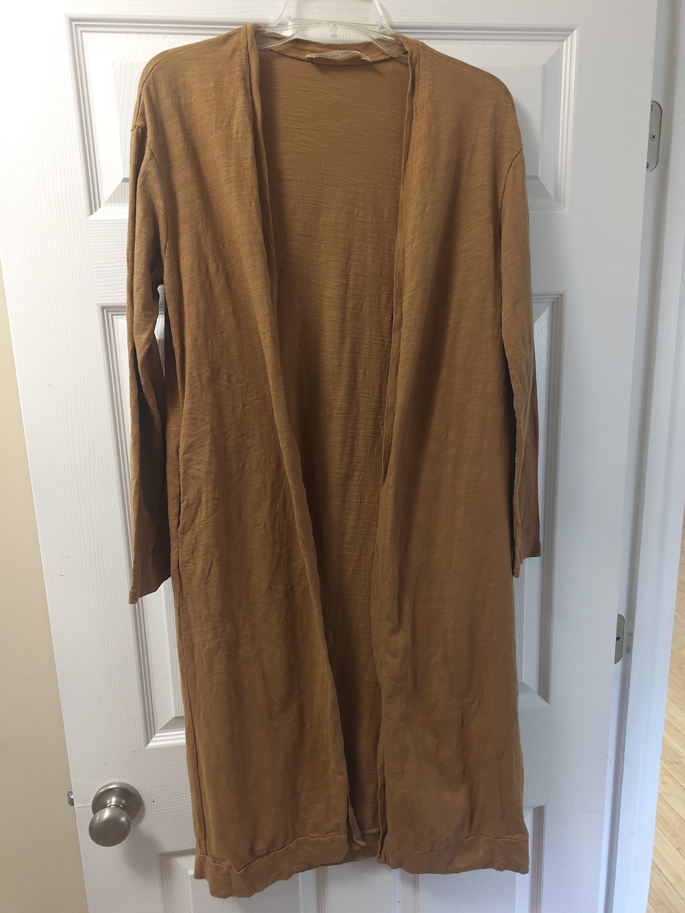 Three Bird Nest Duster Cardigan Womens Large Brown Slub Cotton Open Front Long